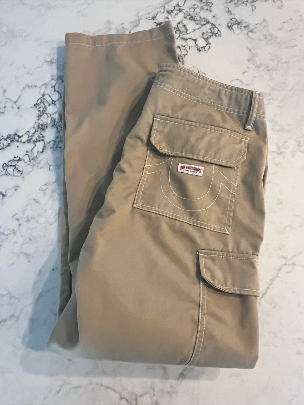 True Religion Mens Cargo Pants Size 32 Khaki Tan Straight Leg Utility Pockets